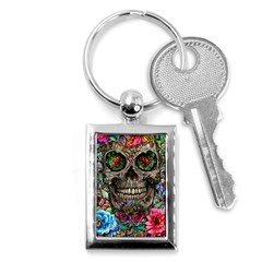 Retro Floral Skull Key Chain (rectangle) by GardenOfOphir