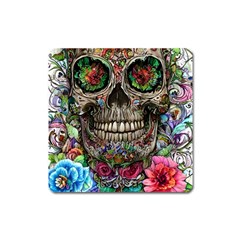 Retro Floral Skull Square Magnet by GardenOfOphir