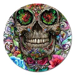 Retro Floral Skull Magnet 5  (round) by GardenOfOphir