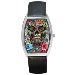 Retro Floral Skull Barrel Style Metal Watch by GardenOfOphir