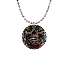 Retro Floral Skull 1  Button Necklace by GardenOfOphir