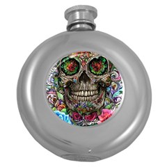 Retro Floral Skull Round Hip Flask (5 Oz) by GardenOfOphir