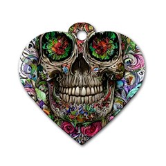 Retro Floral Skull Dog Tag Heart (one Side) by GardenOfOphir