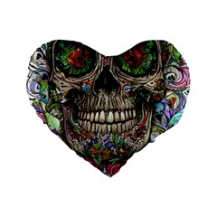 Retro Floral Skull Standard 16  Premium Heart Shape Cushions by GardenOfOphir