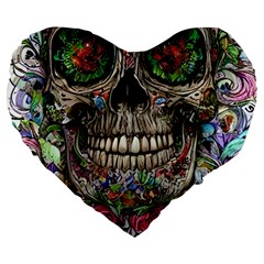 Retro Floral Skull Large 19  Premium Heart Shape Cushions by GardenOfOphir