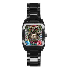 Retro Floral Skull Stainless Steel Barrel Watch by GardenOfOphir