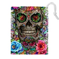 Retro Floral Skull Drawstring Pouch (5xl) by GardenOfOphir