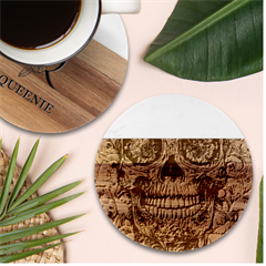 Retro Floral Skull Marble Wood Coaster (round) by GardenOfOphir