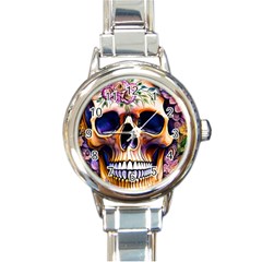 Bone Skull Floral Round Italian Charm Watch by GardenOfOphir