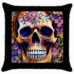 Bone Skull Floral Throw Pillow Case (black) by GardenOfOphir