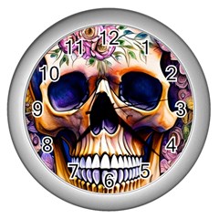 Bone Skull Floral Wall Clock (silver) by GardenOfOphir