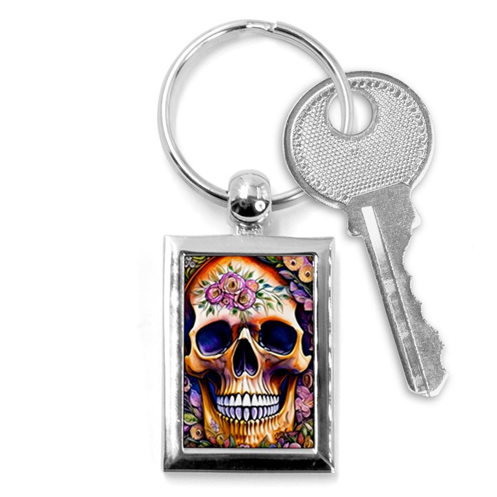 Bone Skull Floral Key Chain (Rectangle)