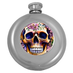 Bone Skull Floral Round Hip Flask (5 Oz) by GardenOfOphir