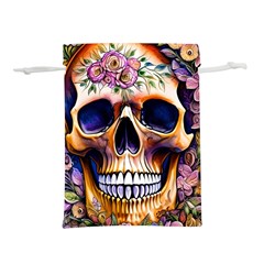 Bone Skull Floral Lightweight Drawstring Pouch (l) by GardenOfOphir