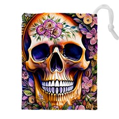 Bone Skull Floral Drawstring Pouch (5xl) by GardenOfOphir