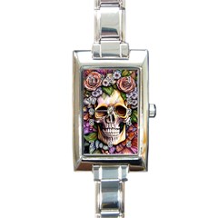 Death Skull Floral Rectangle Italian Charm Watch by GardenOfOphir