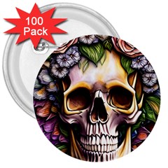 Death Skull Floral 3  Buttons (100 Pack)  by GardenOfOphir