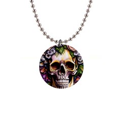 Death Skull Floral 1  Button Necklace by GardenOfOphir