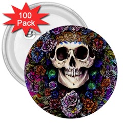 Dead Cute Skull Floral 3  Buttons (100 Pack)  by GardenOfOphir