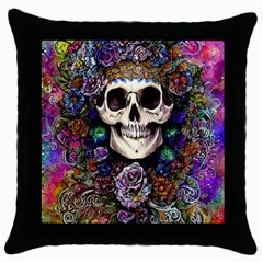 Dead Cute Skull Floral Throw Pillow Case (black) by GardenOfOphir