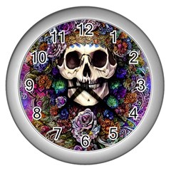 Dead Cute Skull Floral Wall Clock (silver) by GardenOfOphir