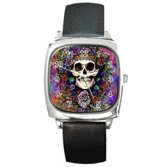 Dead Cute Skull Floral Square Metal Watch by GardenOfOphir