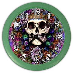 Dead Cute Skull Floral Color Wall Clock by GardenOfOphir