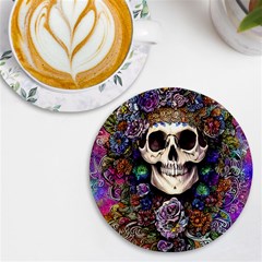 Dead Cute Skull Floral Uv Print Round Tile Coaster by GardenOfOphir