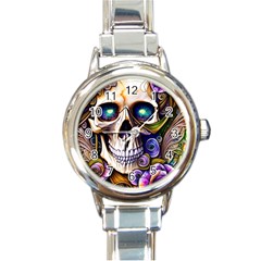 Gothic Cute Skull Floral Round Italian Charm Watch by GardenOfOphir