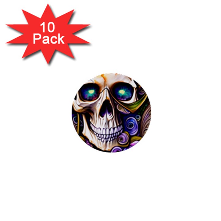 Gothic Cute Skull Floral 1  Mini Buttons (10 pack) 