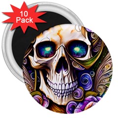 Gothic Cute Skull Floral 3  Magnets (10 Pack)  by GardenOfOphir