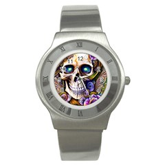 Gothic Cute Skull Floral Stainless Steel Watch by GardenOfOphir