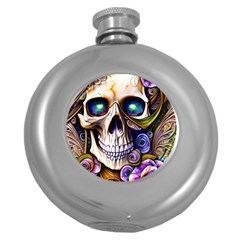 Gothic Cute Skull Floral Round Hip Flask (5 Oz) by GardenOfOphir