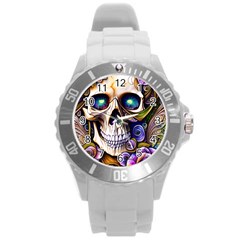 Gothic Cute Skull Floral Round Plastic Sport Watch (l) by GardenOfOphir