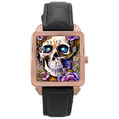 Gothic Cute Skull Floral Rose Gold Leather Watch  by GardenOfOphir