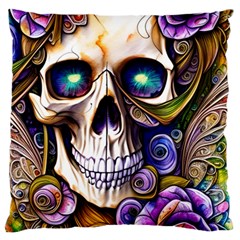 Gothic Cute Skull Floral Large Premium Plush Fleece Cushion Case (one Side) by GardenOfOphir