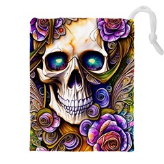 Gothic Cute Skull Floral Drawstring Pouch (4xl) by GardenOfOphir