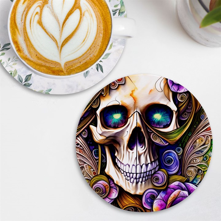 Gothic Cute Skull Floral UV Print Round Tile Coaster