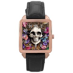 Skull Bones Rose Gold Leather Watch  by GardenOfOphir