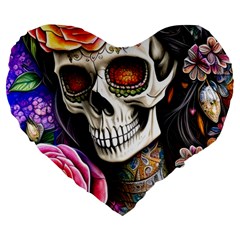 Sugar Skull Large 19  Premium Heart Shape Cushions by GardenOfOphir