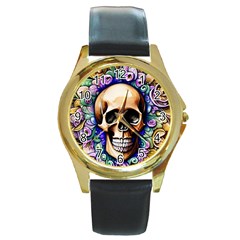 Gothic Skull Round Gold Metal Watch by GardenOfOphir