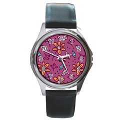 Flowers Petals Leaves Foliage Round Metal Watch by Ravend