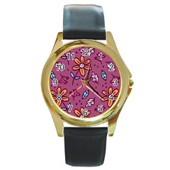 Flowers Petals Leaves Foliage Round Gold Metal Watch by Ravend