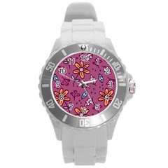 Flowers Petals Leaves Foliage Round Plastic Sport Watch (l) by Ravend