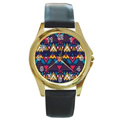 Pattern Colorful Aztec Round Gold Metal Watch by Ravend