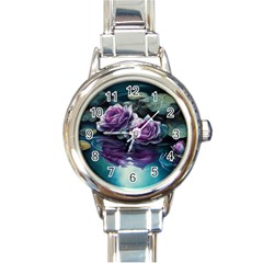 Roses Water Lilies Watercolor Round Italian Charm Watch by Ravend