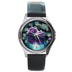 Roses Water Lilies Watercolor Round Metal Watch by Ravend