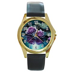 Roses Water Lilies Watercolor Round Gold Metal Watch by Ravend