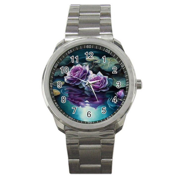 Roses Water Lilies Watercolor Sport Metal Watch