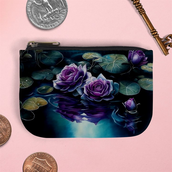 Roses Water Lilies Watercolor Mini Coin Purse